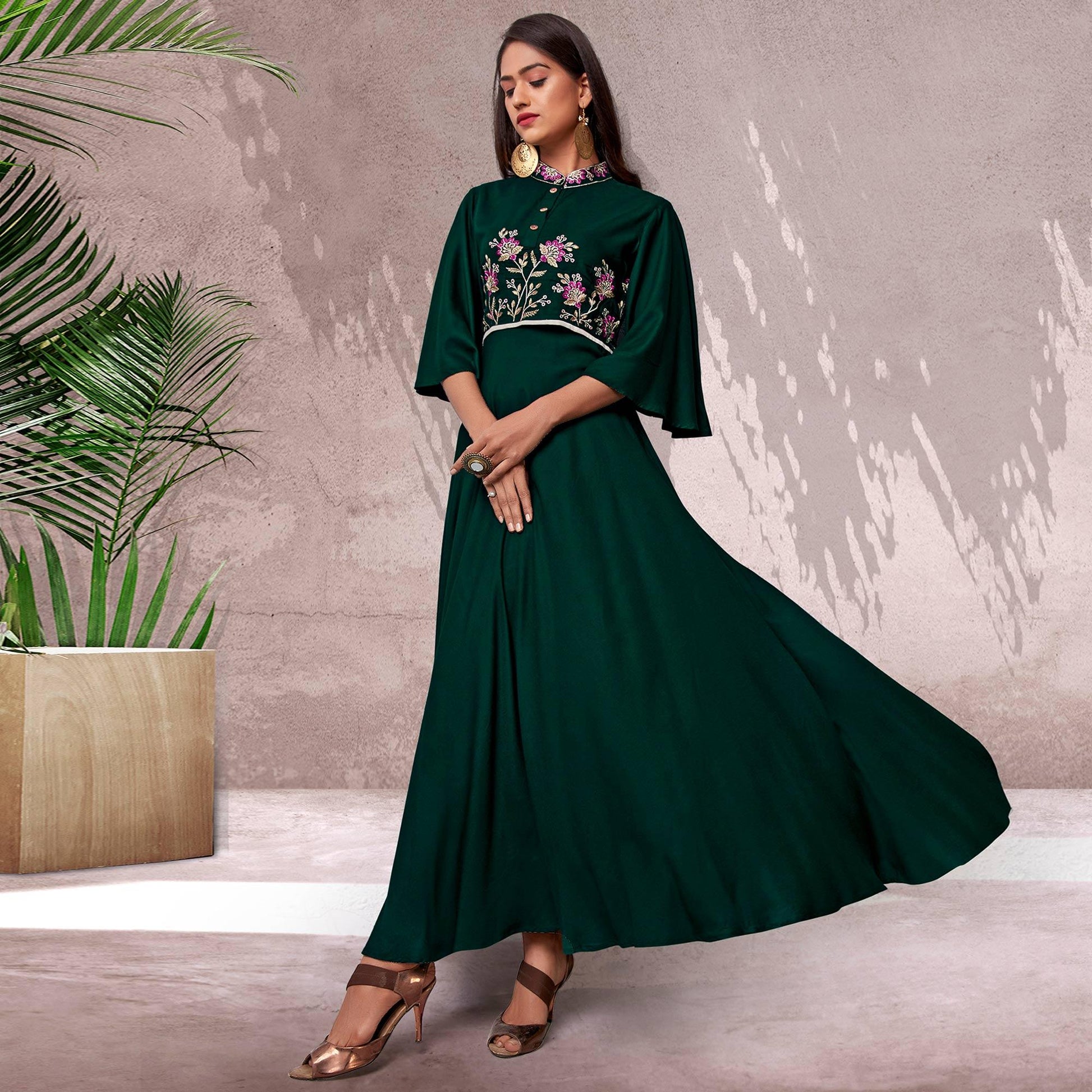 green-floral-embroidered-rayon-gown