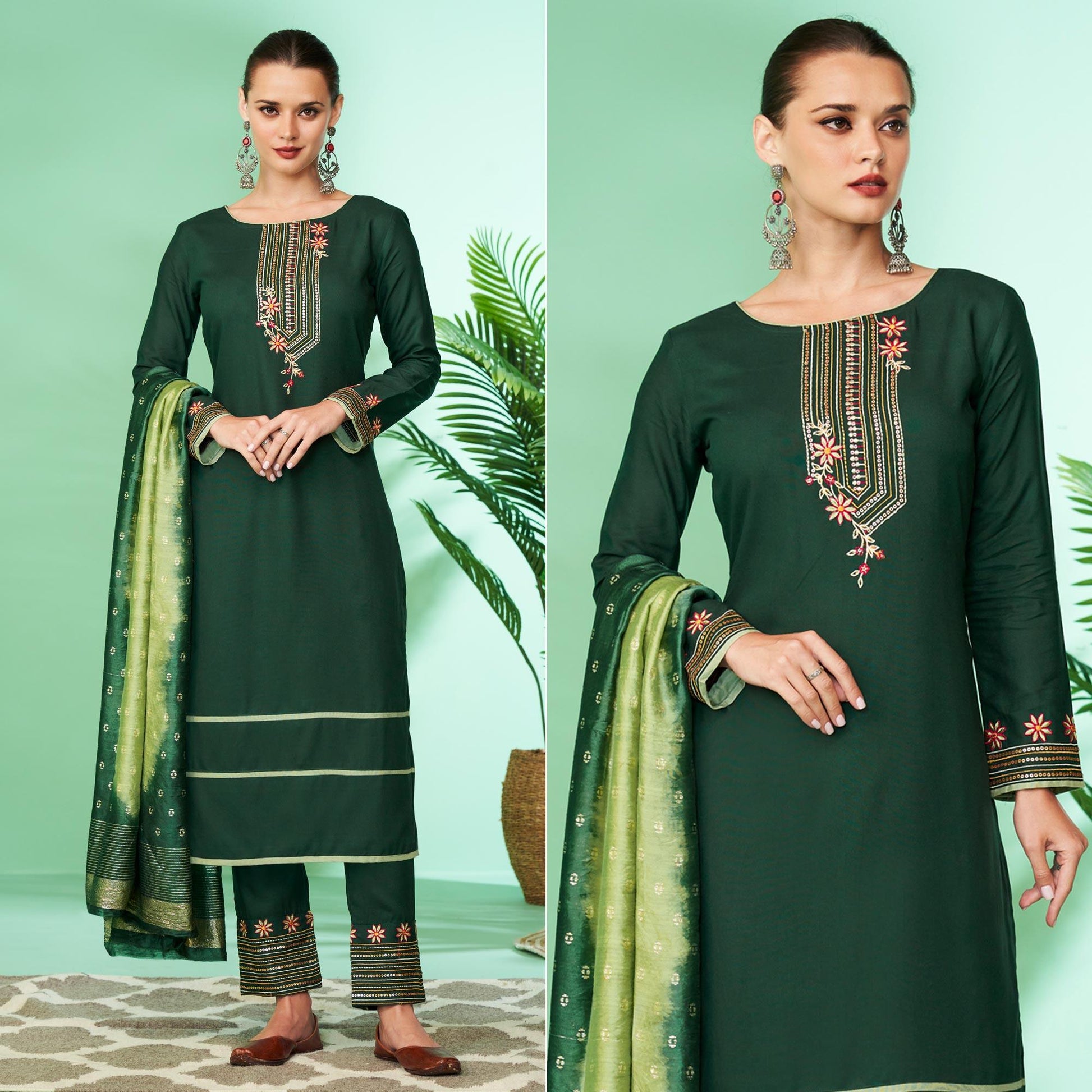green-floral-embroidered-rayon-kurti-pant-set-145323