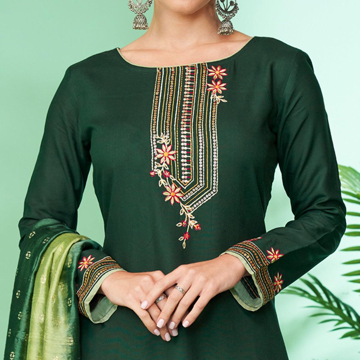 green-floral-embroidered-rayon-kurti-pant-set-145323