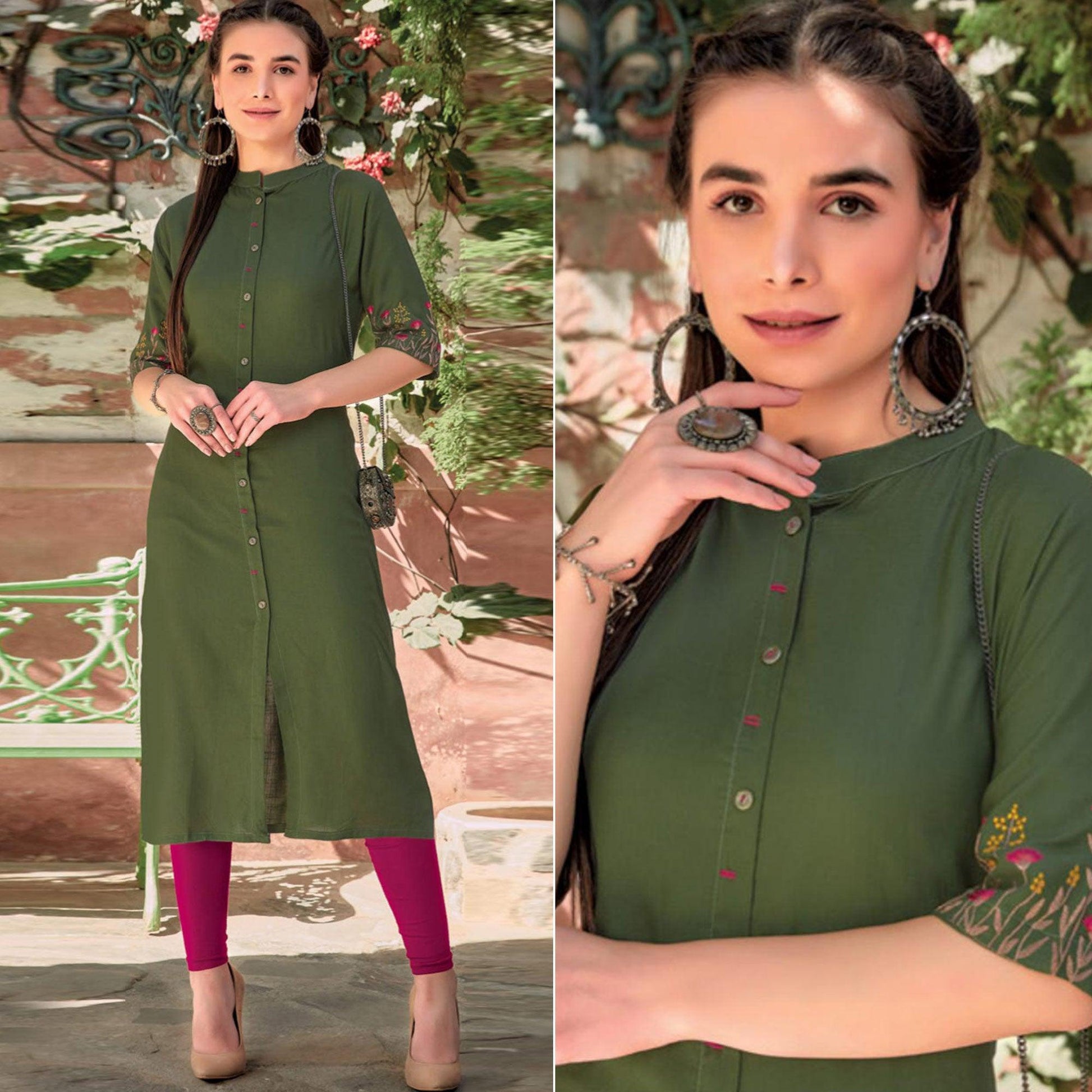 green-floral-embroidered-rayon-kurti-143986