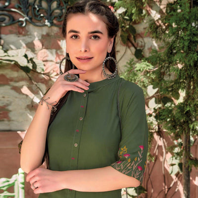 green-floral-embroidered-rayon-kurti-143986