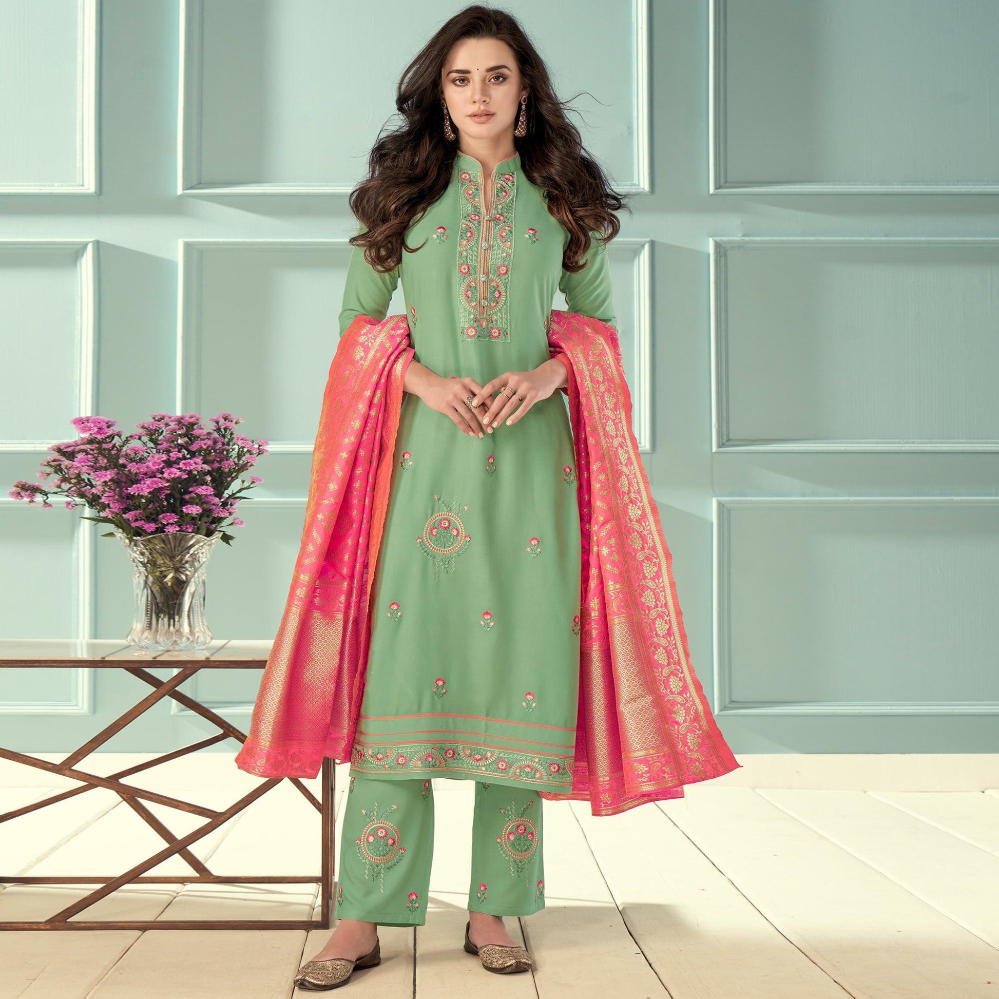 green-floral-embroidered-rayon-partywear-suit-139908