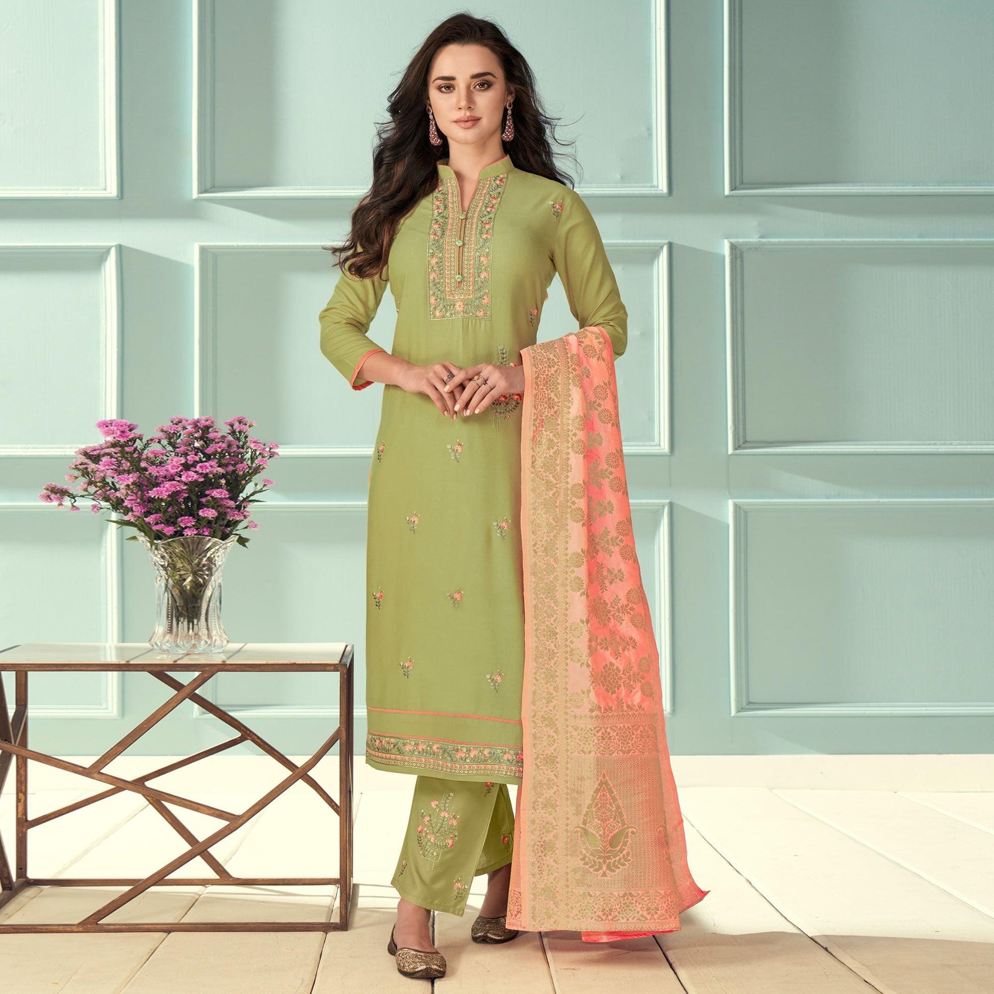 green-floral-embroidered-rayon-partywear-suit-139907