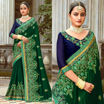 green-floral-embroidered-vichitra-silk-saree