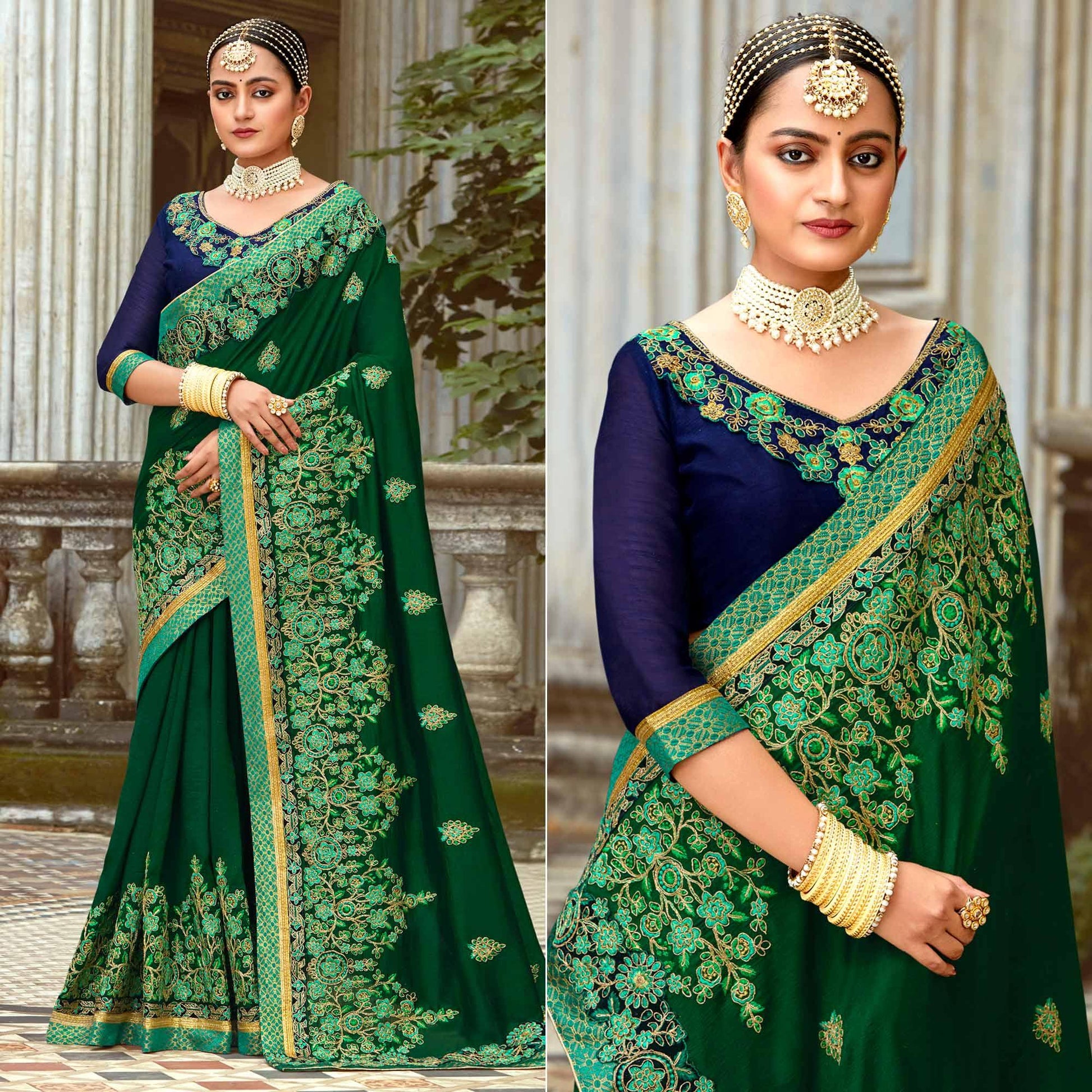 green-floral-embroidered-vichitra-silk-saree