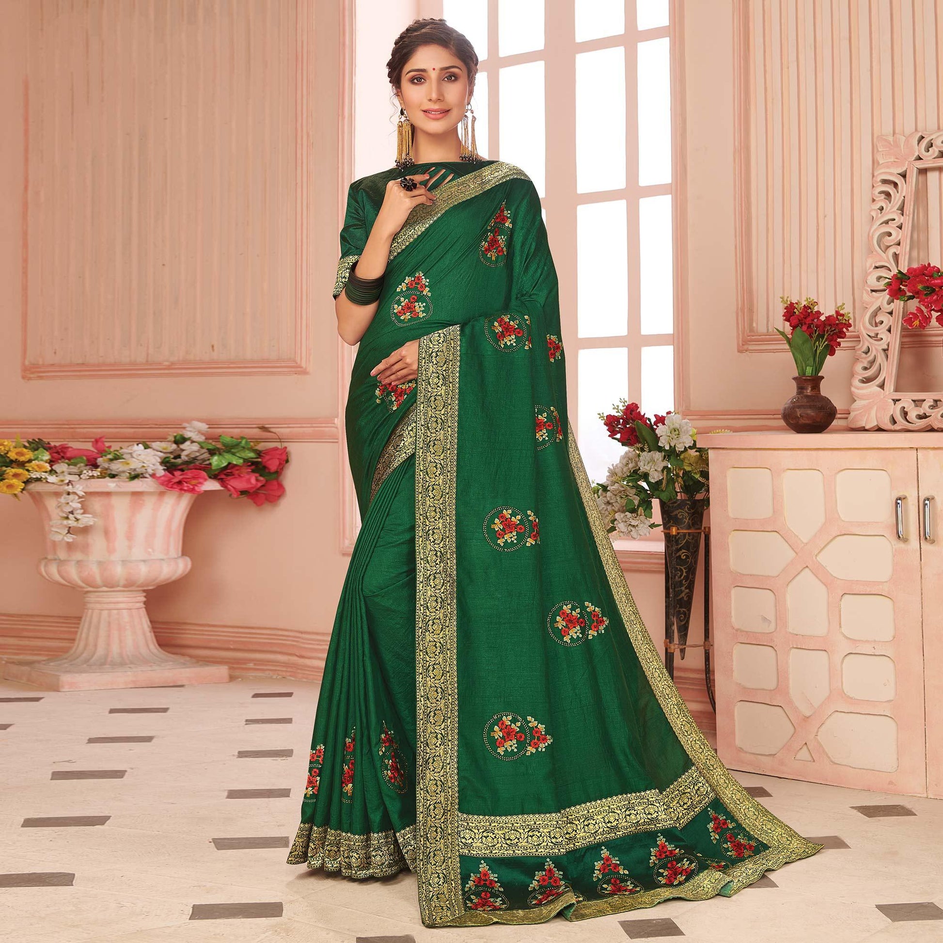 green-floral-embroidered-vichitra-silk-saree-145547