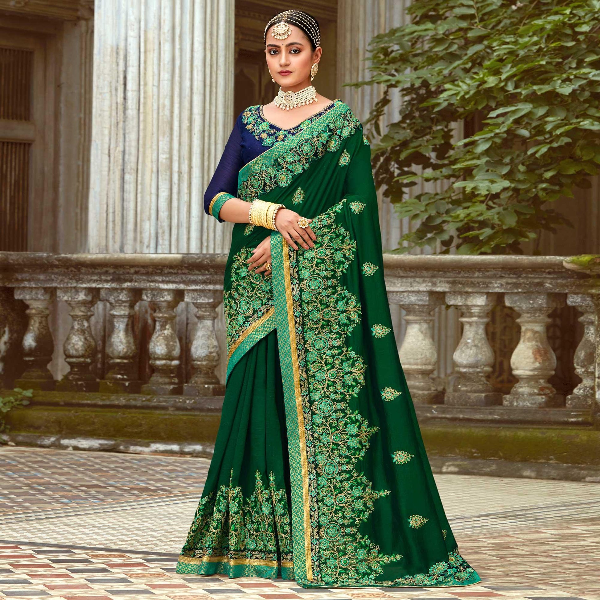 green-floral-embroidered-vichitra-silk-saree