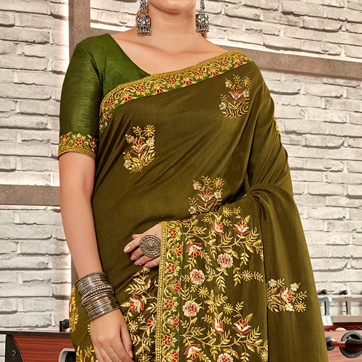 green-floral-embroidered-vichitra-silk-saree-144802
