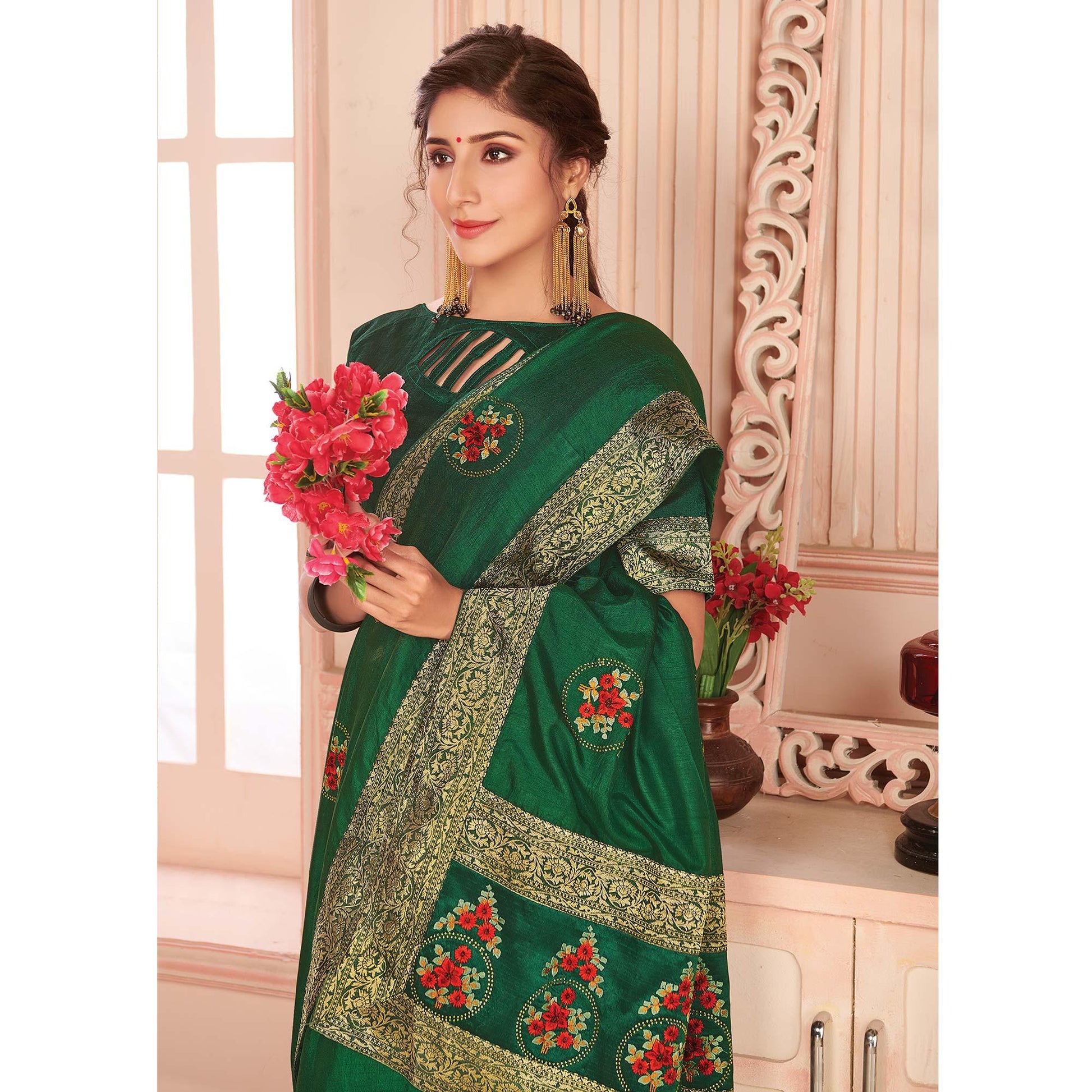 green-floral-embroidered-vichitra-silk-saree-145547