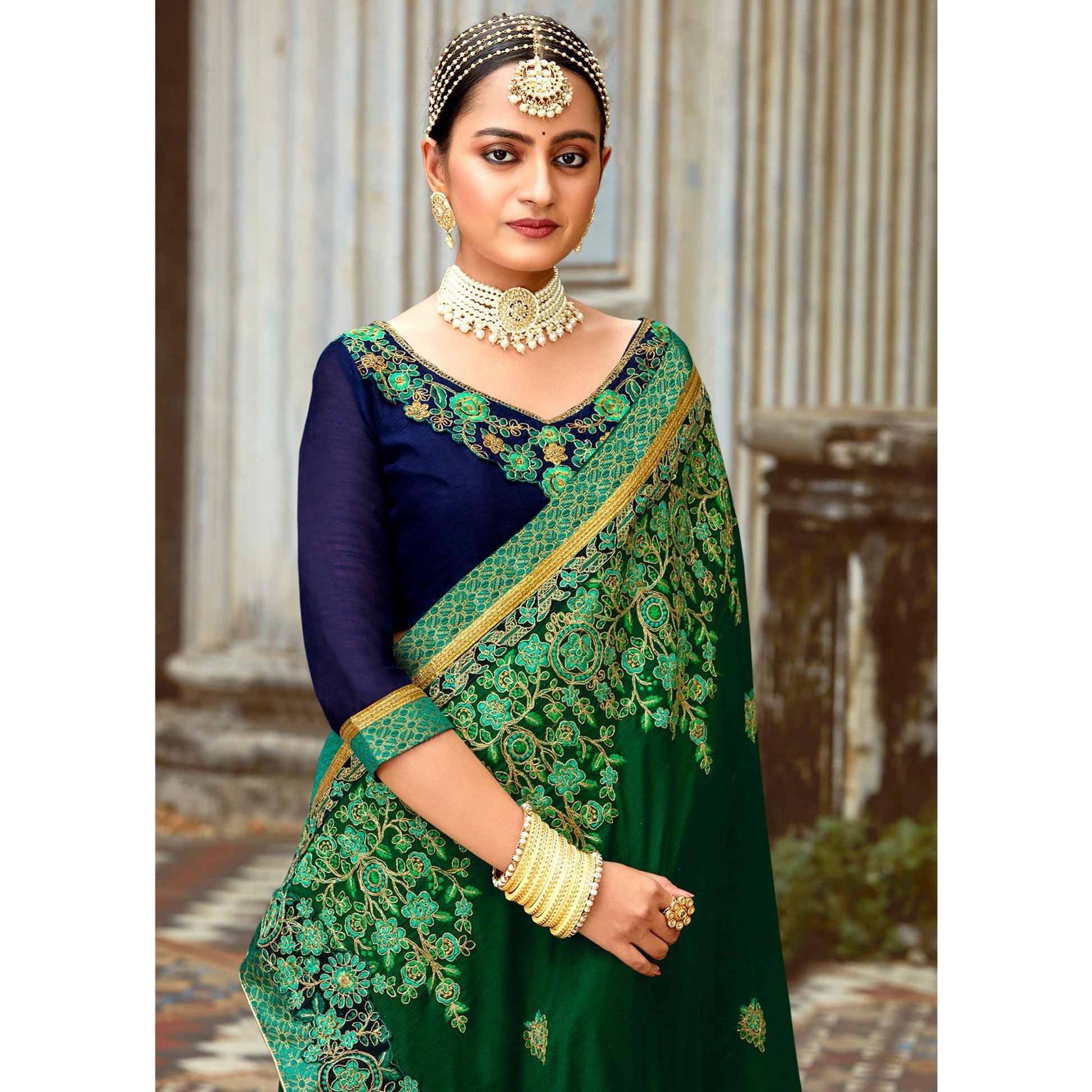 green-floral-embroidered-vichitra-silk-saree