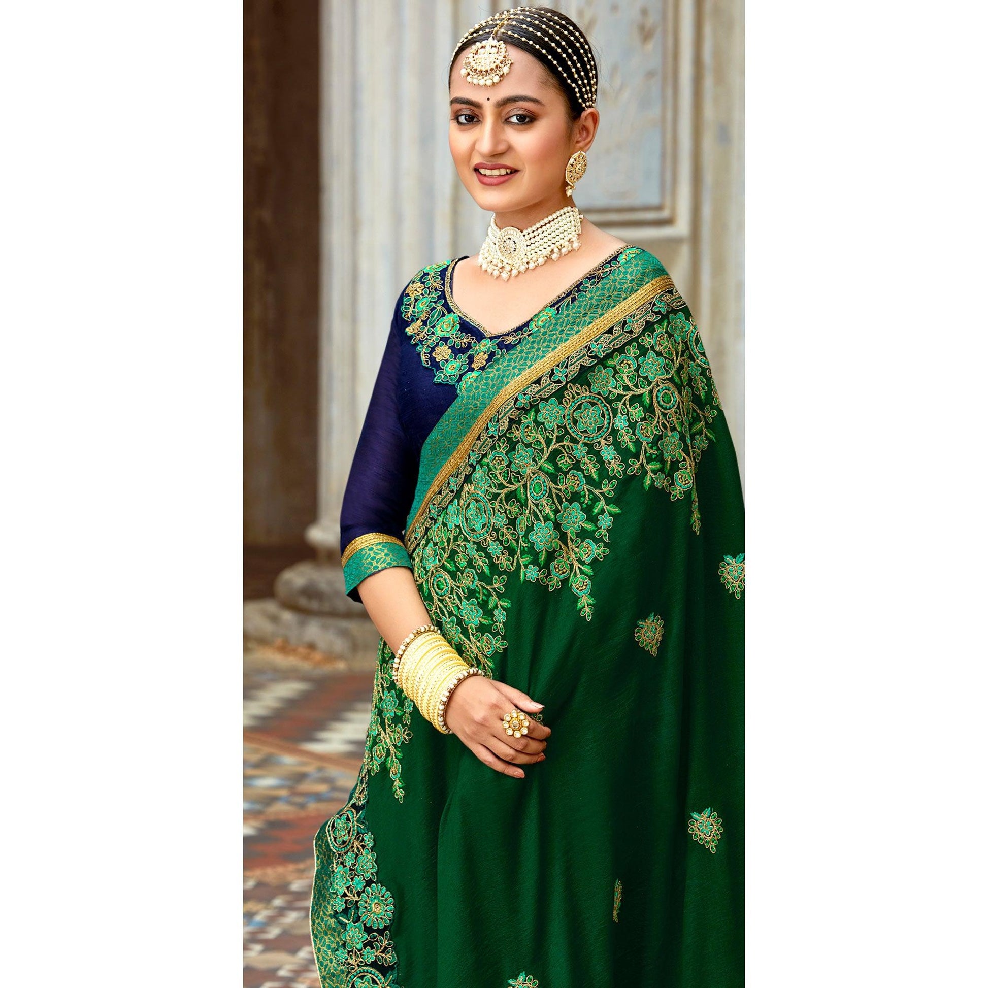 green-floral-embroidered-vichitra-silk-saree