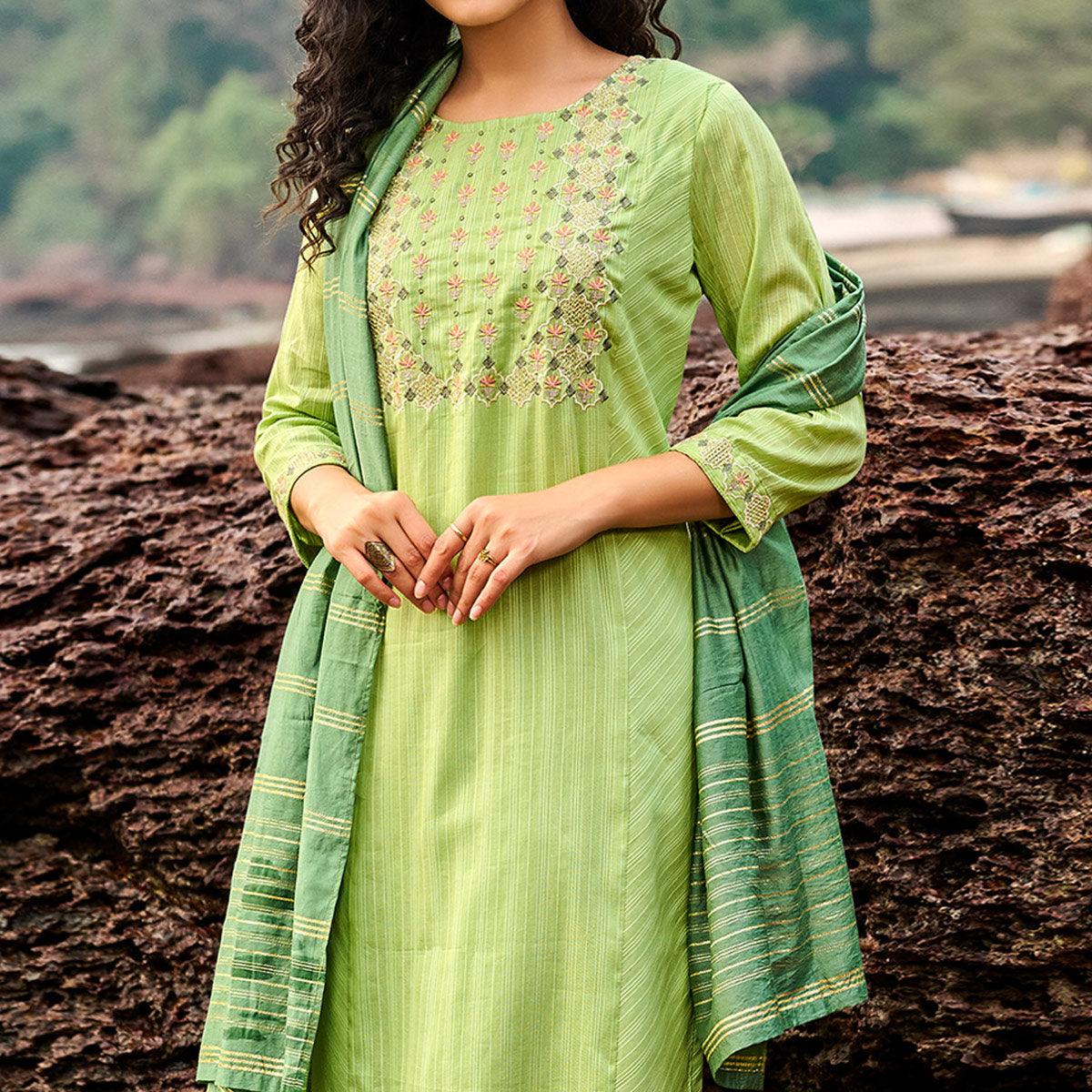 green-floral-embroidered-with-stripe-printed-cotton-kurti-pant-set