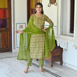 green-floral-foil-printed-chanderi-kurti-pant-set-with-dupatta