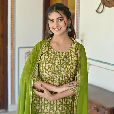 green-floral-foil-printed-chanderi-kurti-pant-set-with-dupatta