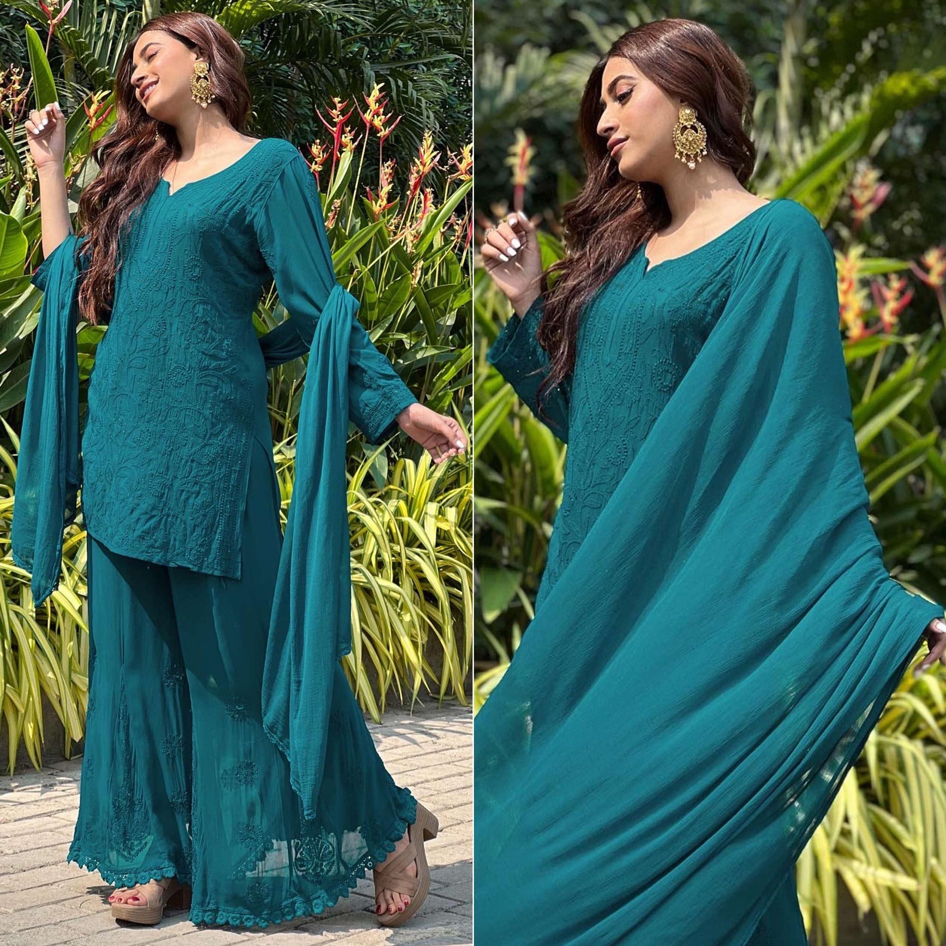 green-floral-lucknowi-embroidered-georgette-sharara-suit