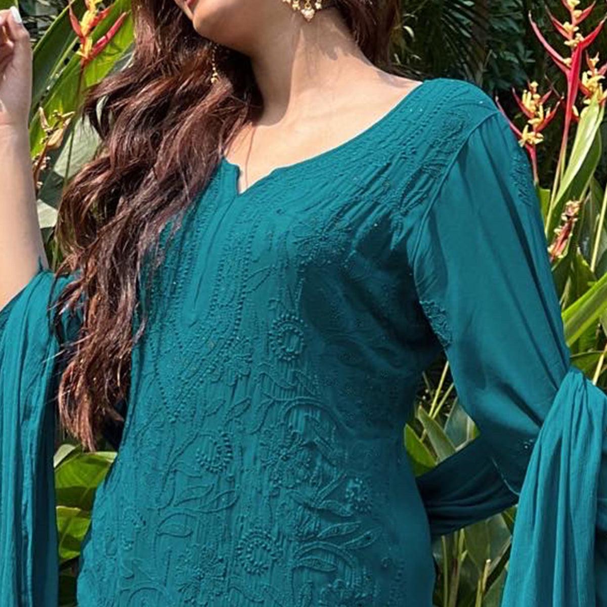 green-floral-lucknowi-embroidered-georgette-sharara-suit