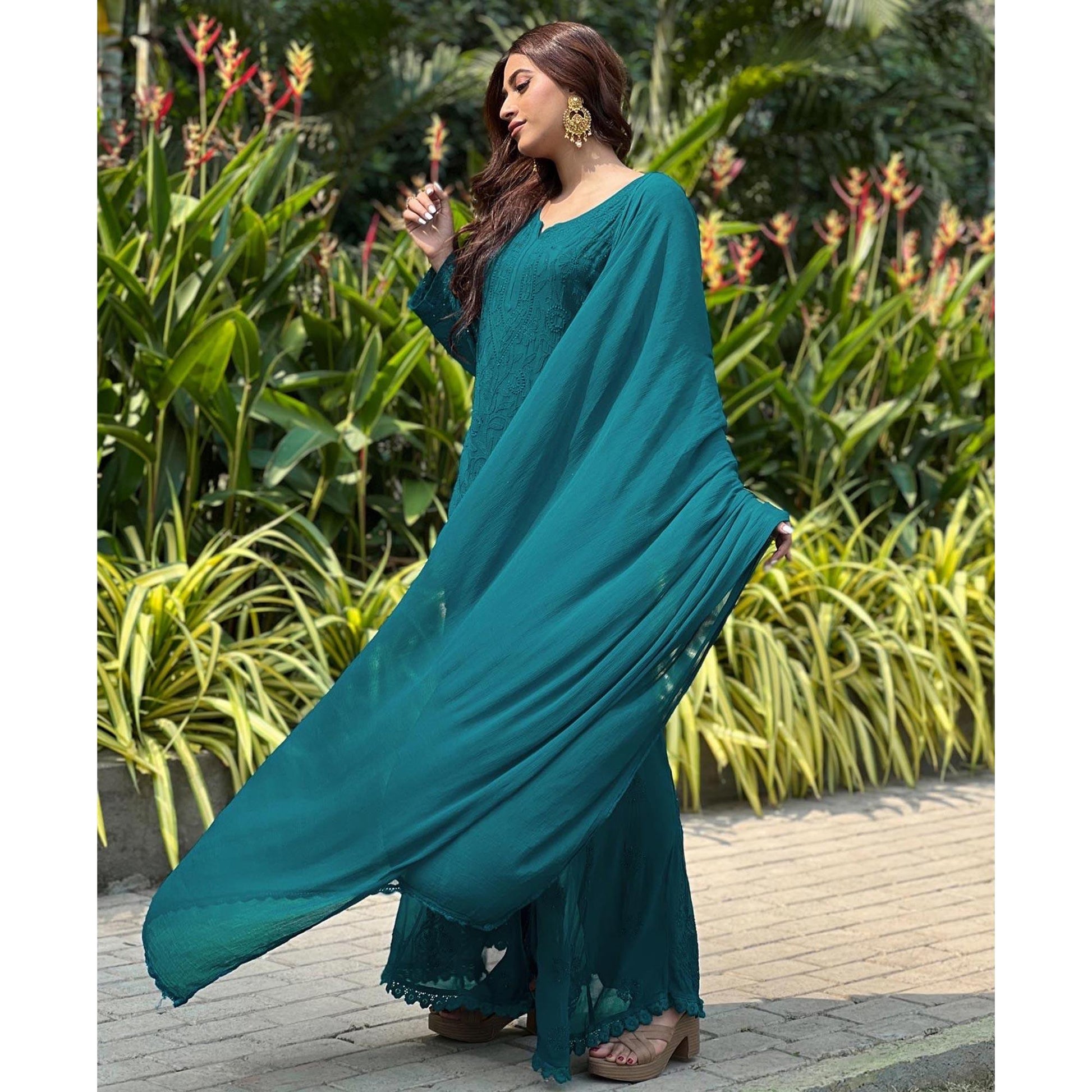 green-floral-lucknowi-embroidered-georgette-sharara-suit