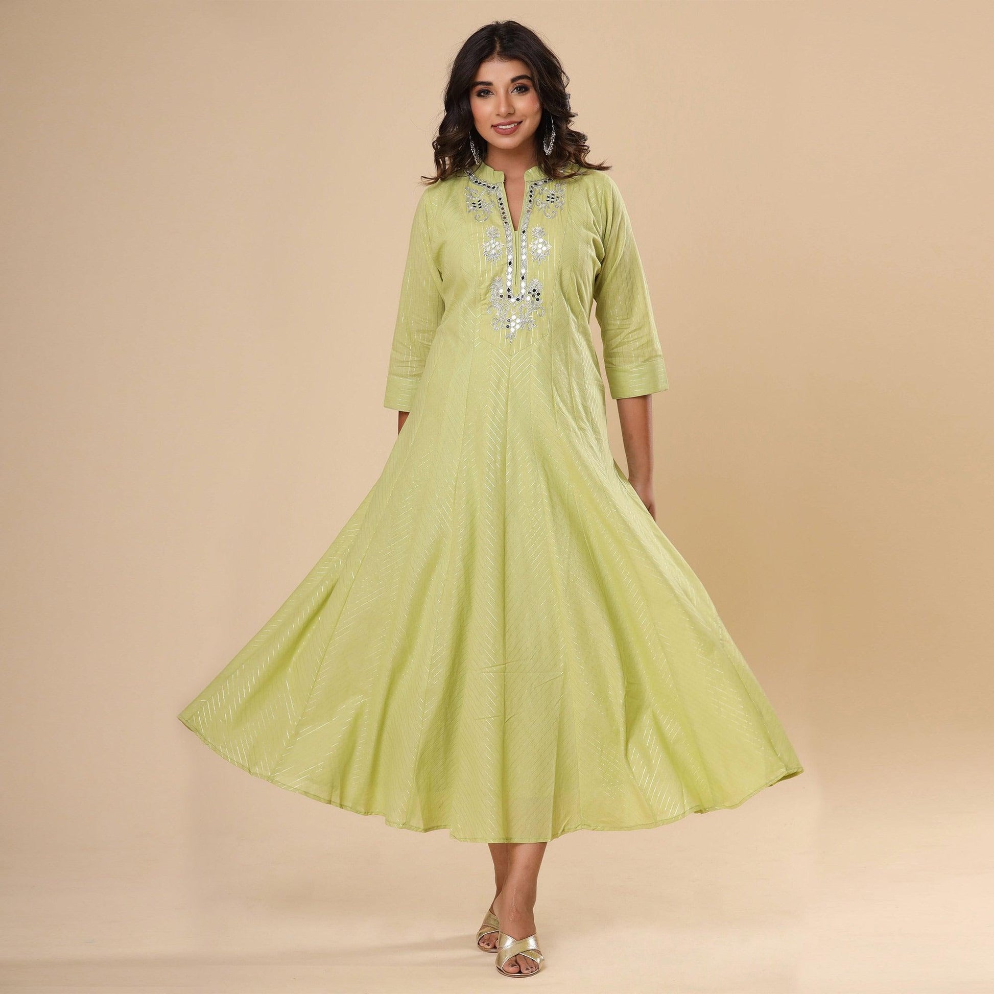 green-floral-mirror-work-pure-cotton-gown