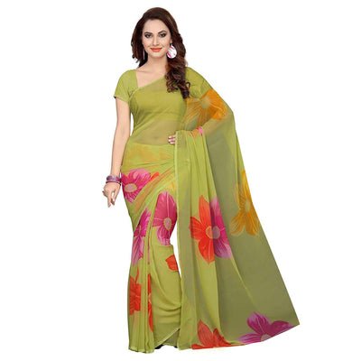 green-floral-print-georgette-saree