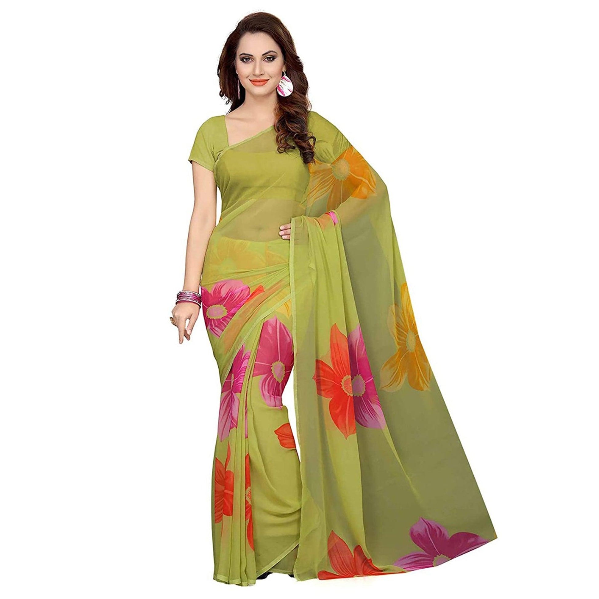 green-floral-print-georgette-saree