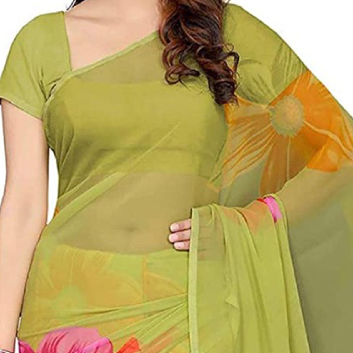 green-floral-print-georgette-saree
