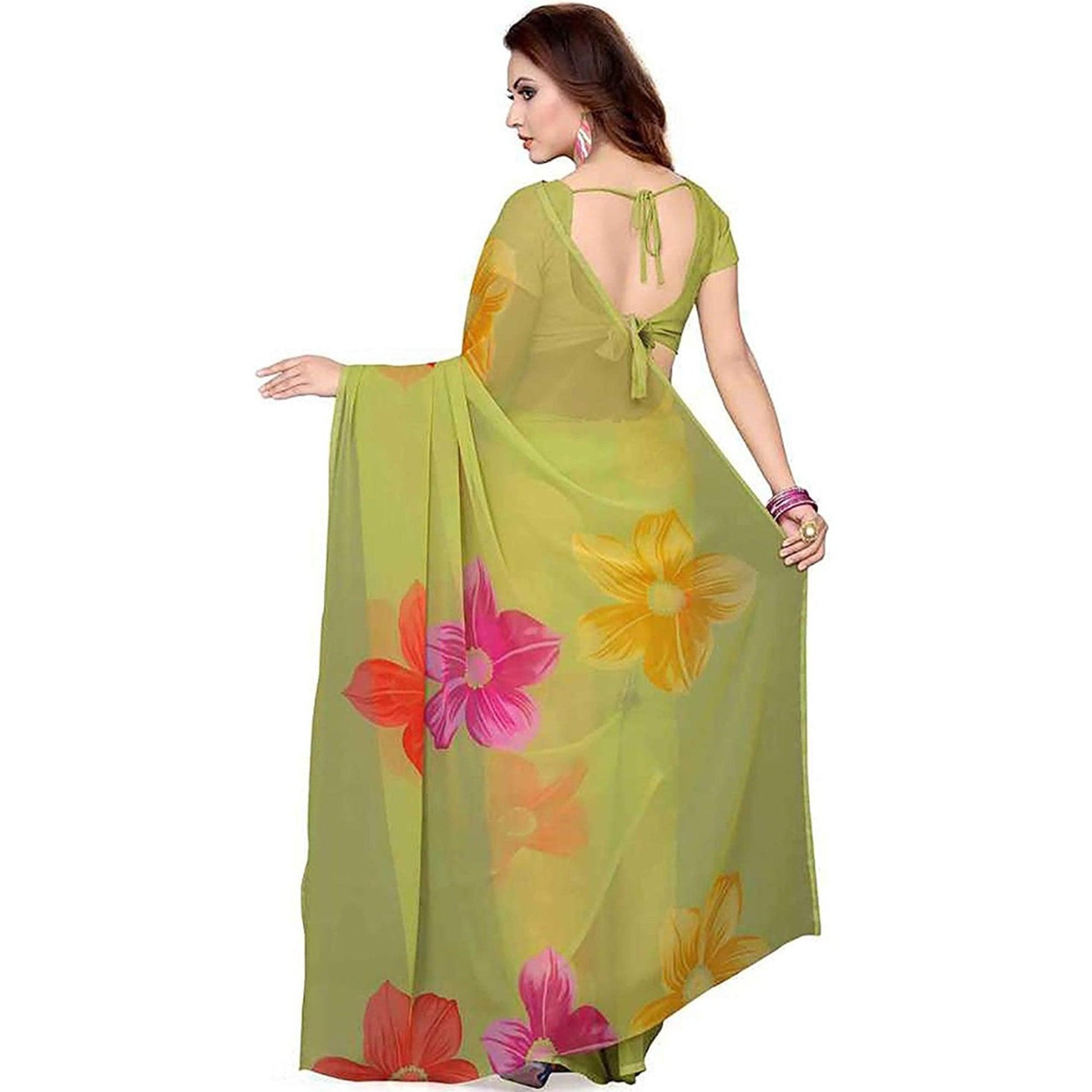 green-floral-print-georgette-saree