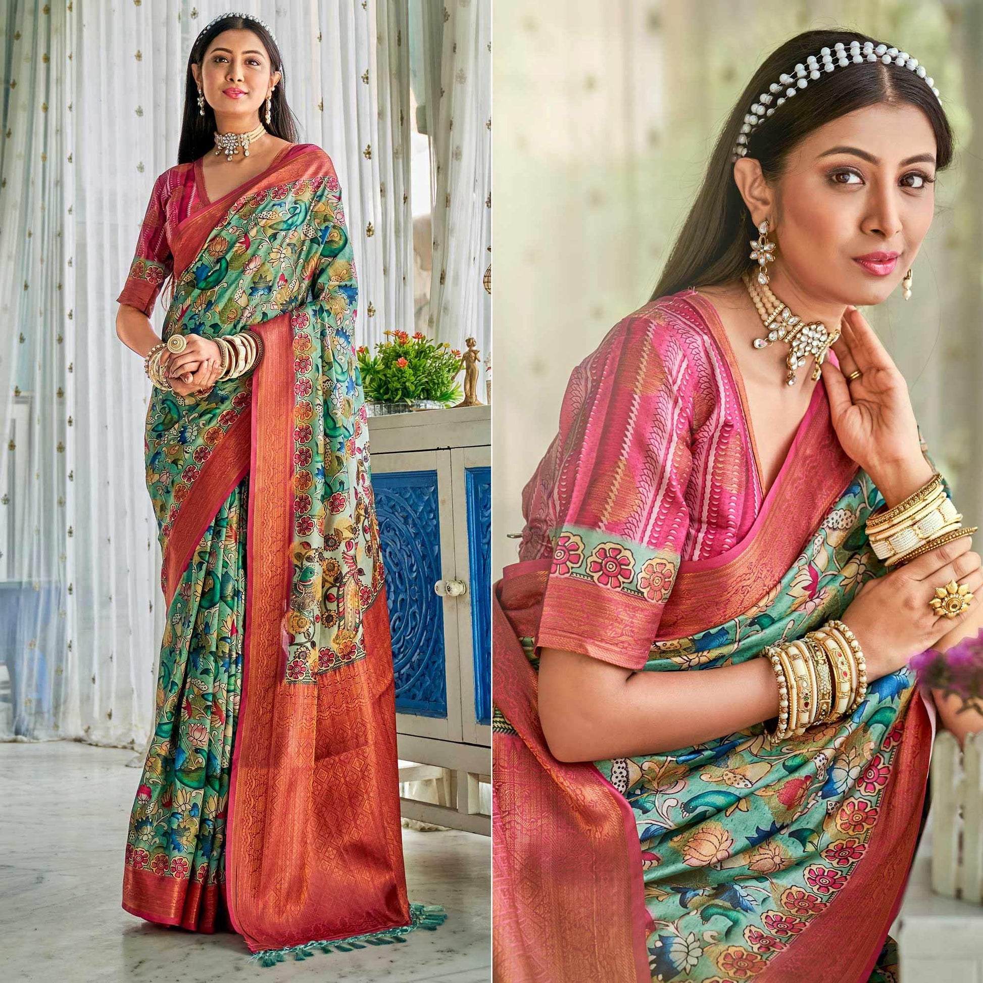 green-floral-printed-art-silk-saree-144405