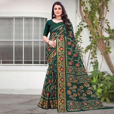 green-floral-printed-art-silk-saree