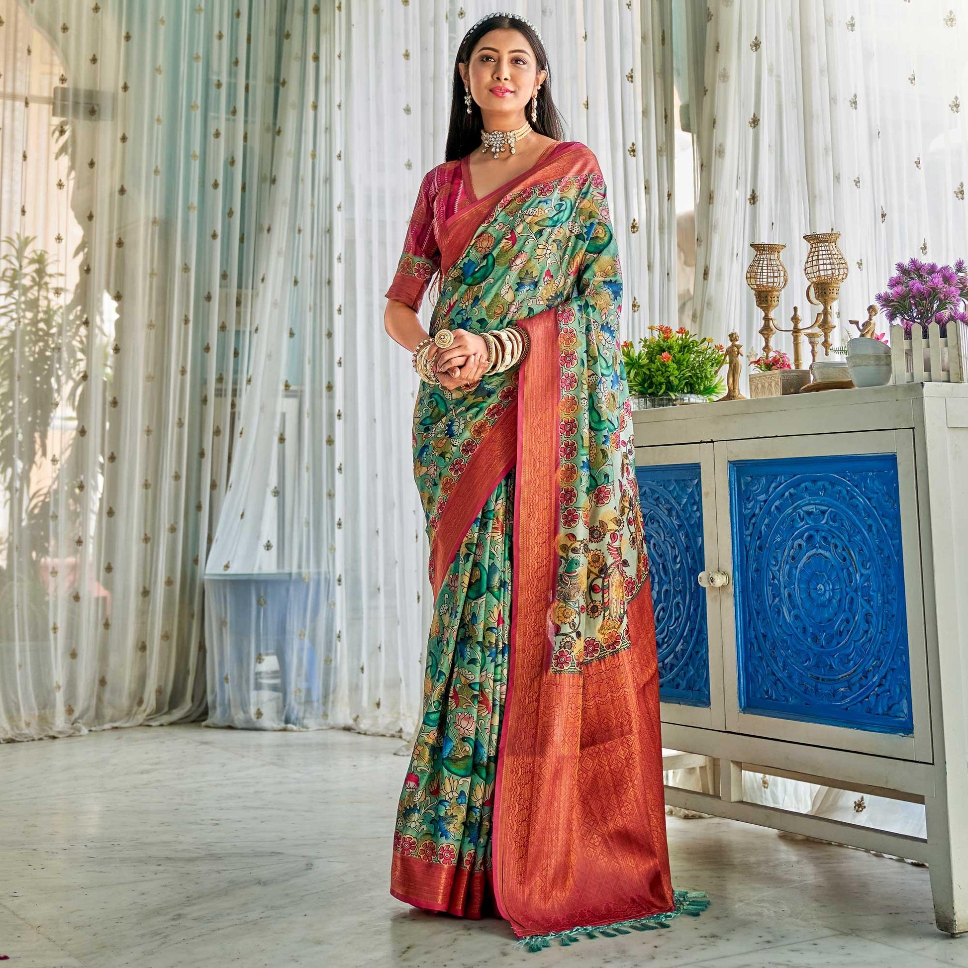 green-floral-printed-art-silk-saree-144405