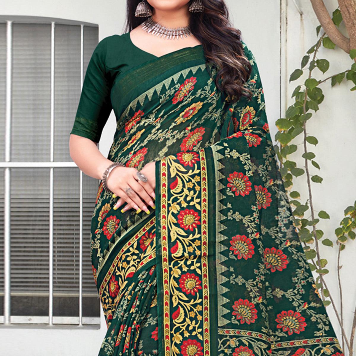 green-floral-printed-art-silk-saree