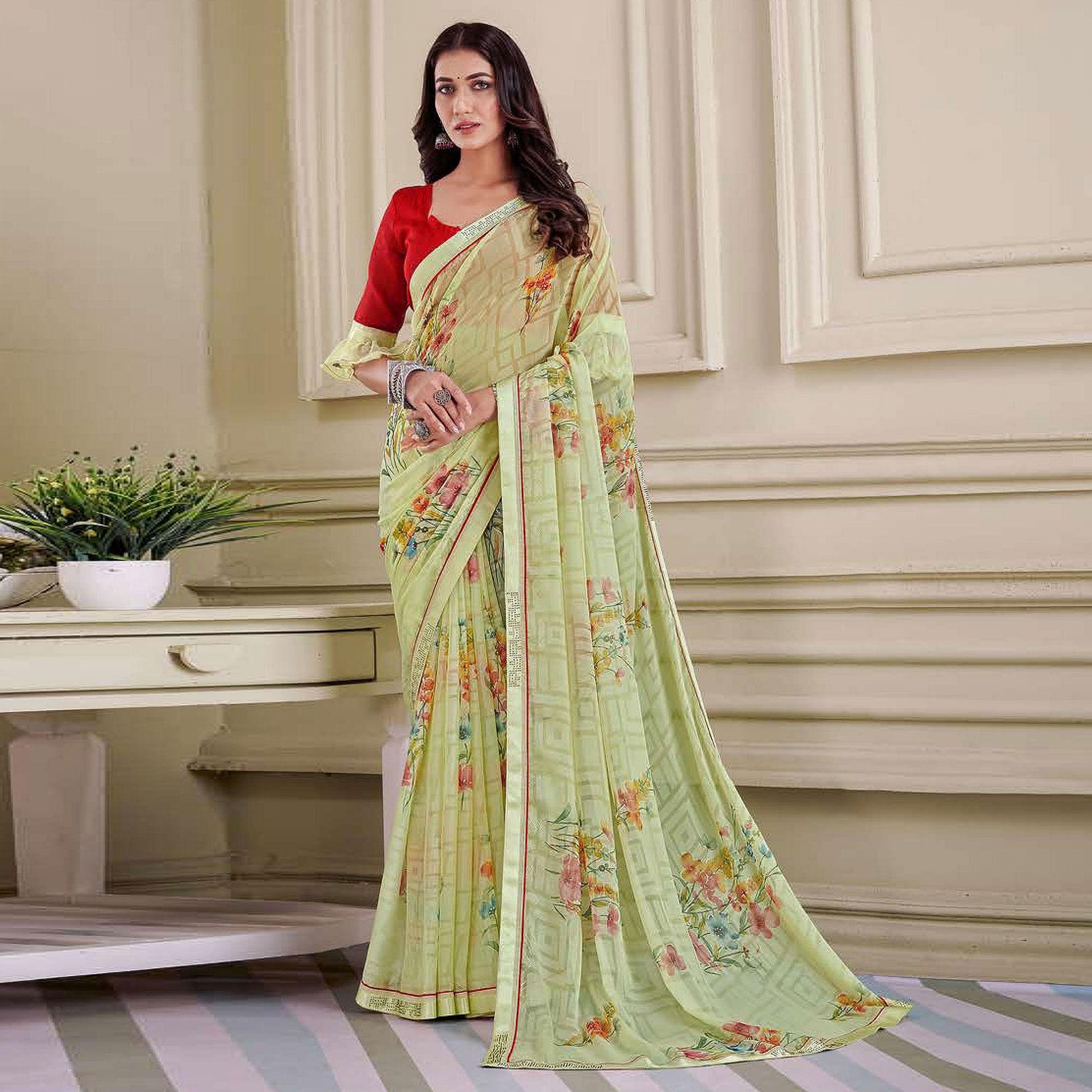 green-floral-printed-brasso-saree-143725