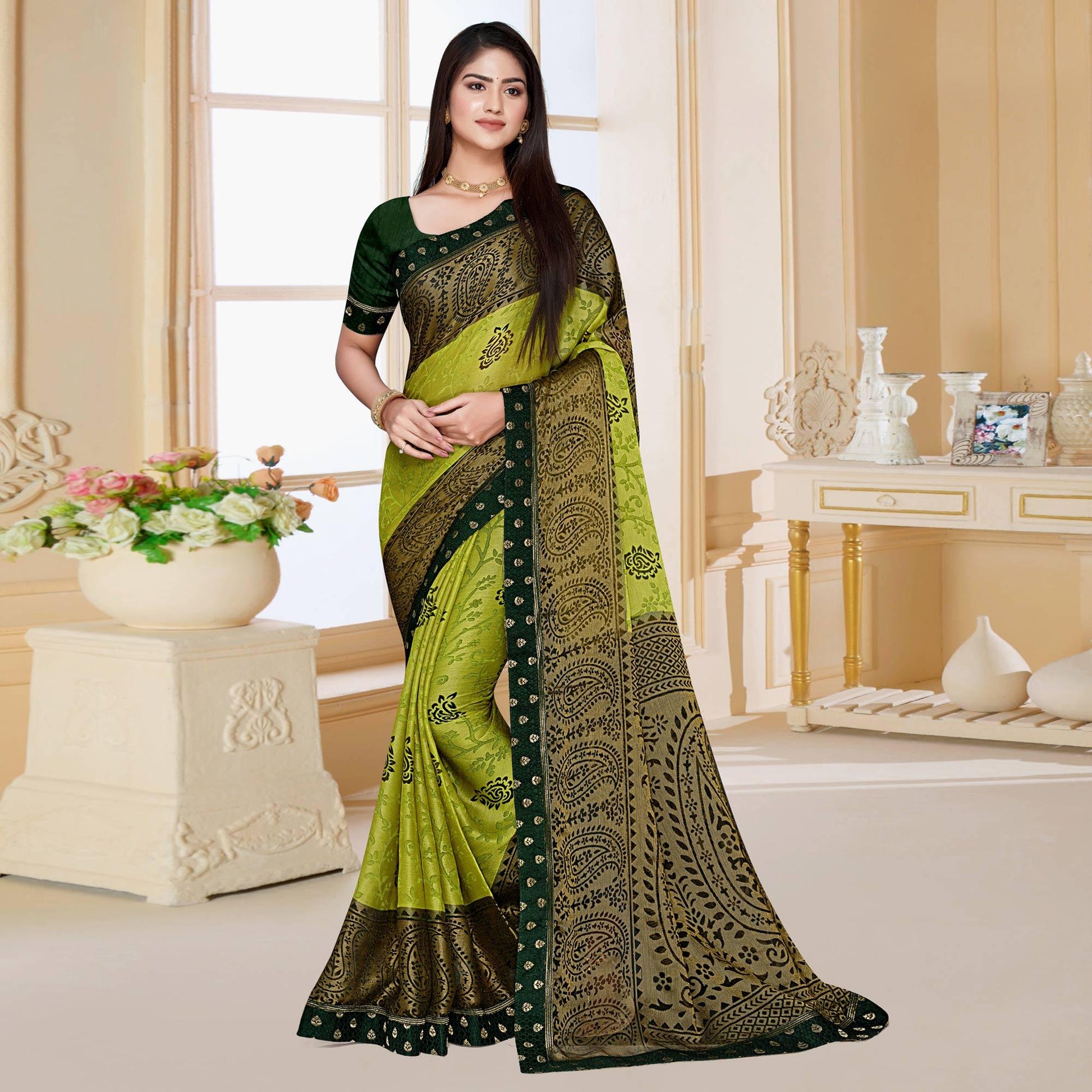 green-floral-printed-chiffon-saree