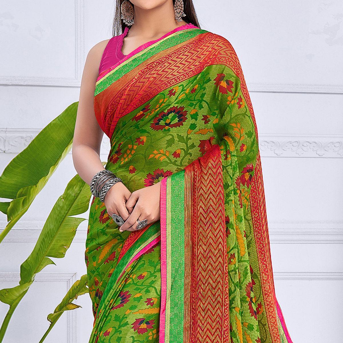 green-floral-printed-chiffon-saree-144343