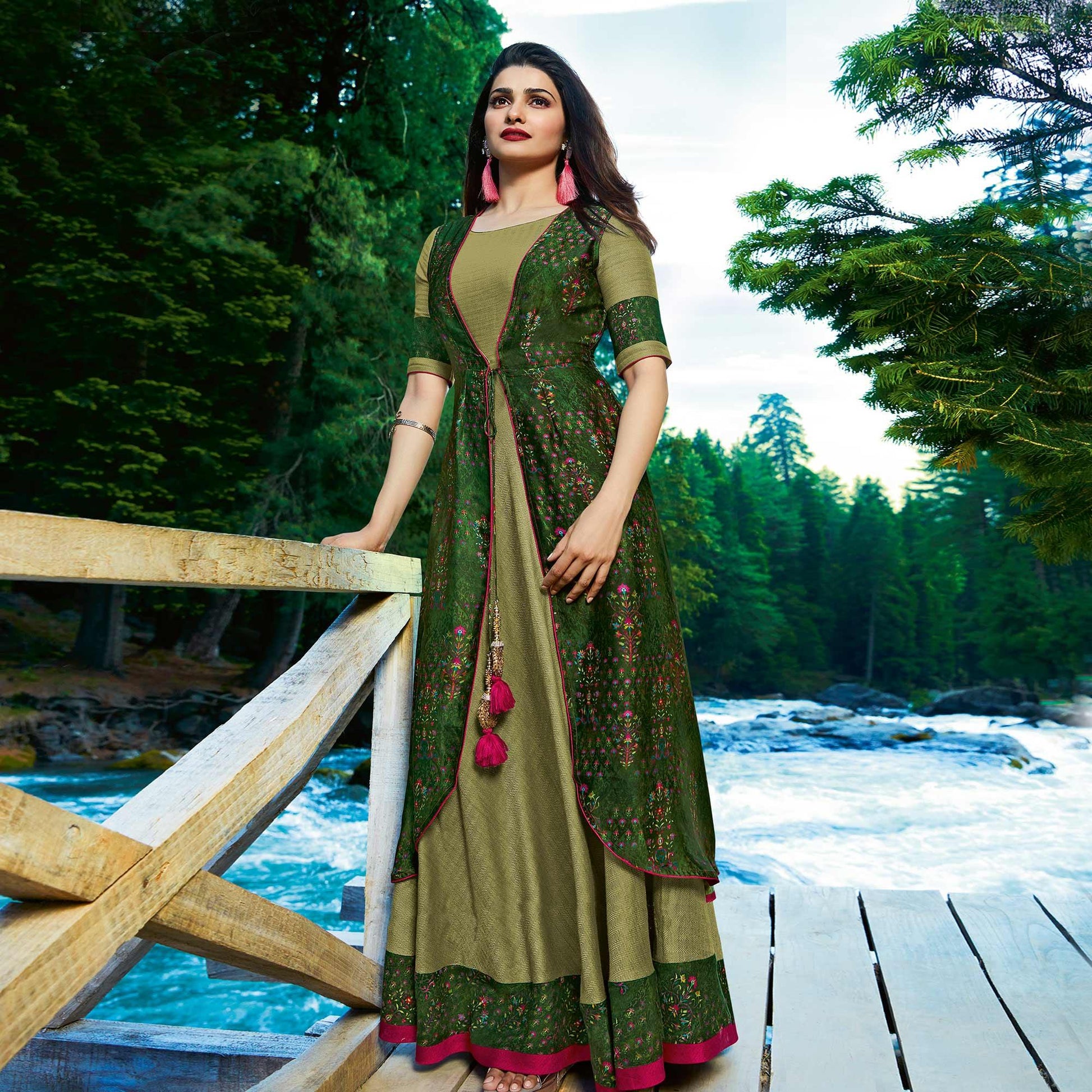 energetic-green-colored-partywear-printed-satin-crepe-jacket-style-long-kurti