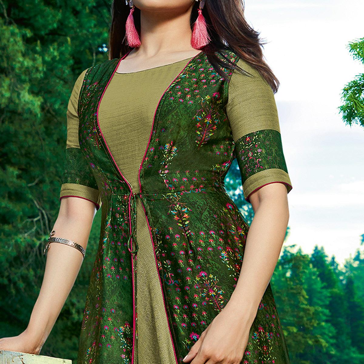 energetic-green-colored-partywear-printed-satin-crepe-jacket-style-long-kurti
