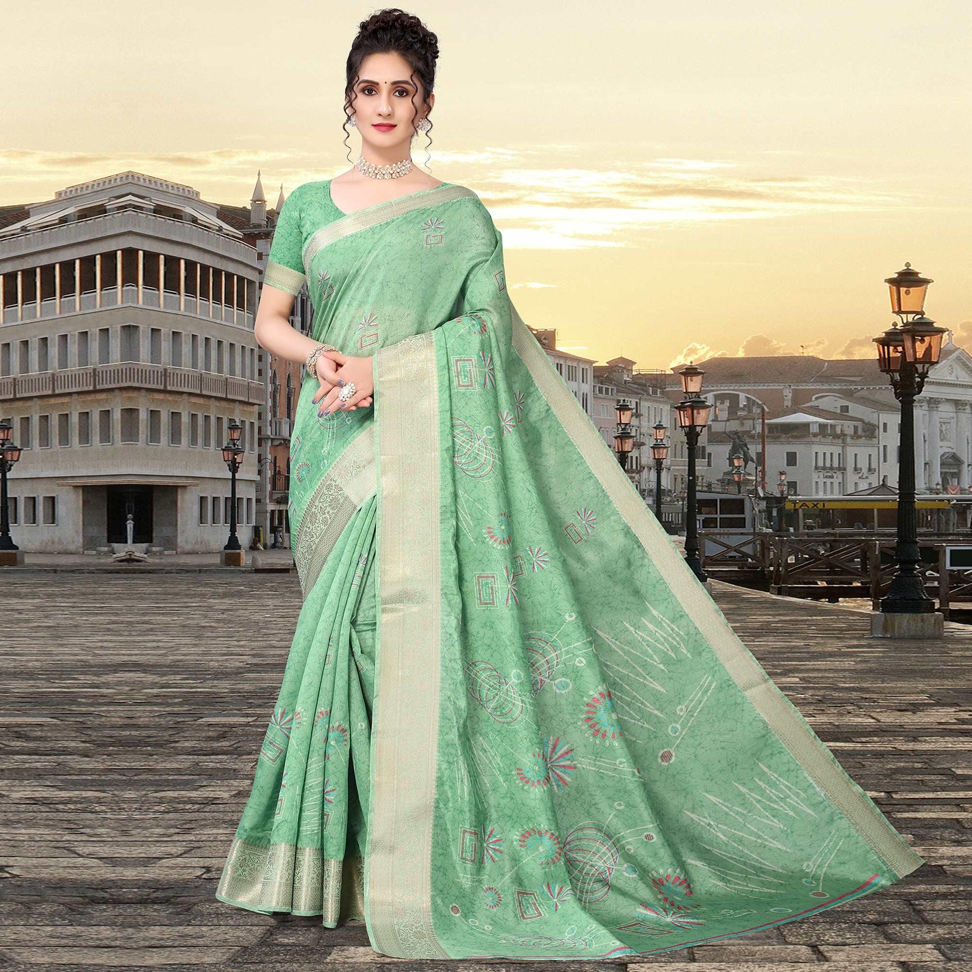 green-floral-printed-dola-silk-saree