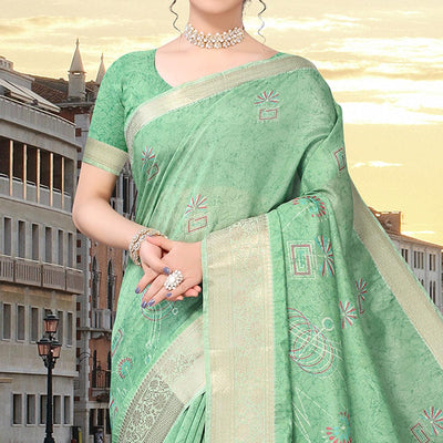 green-floral-printed-dola-silk-saree
