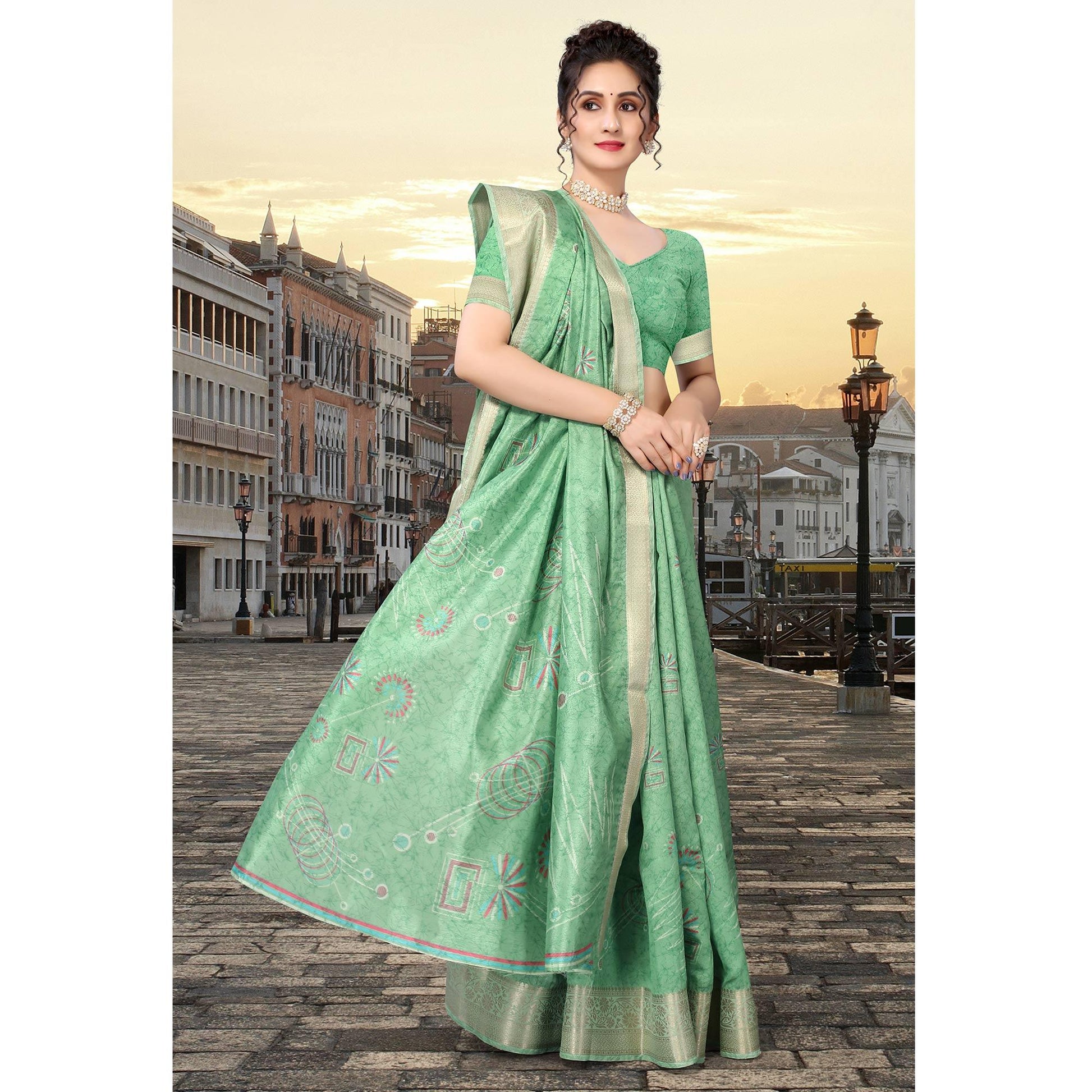 green-floral-printed-dola-silk-saree