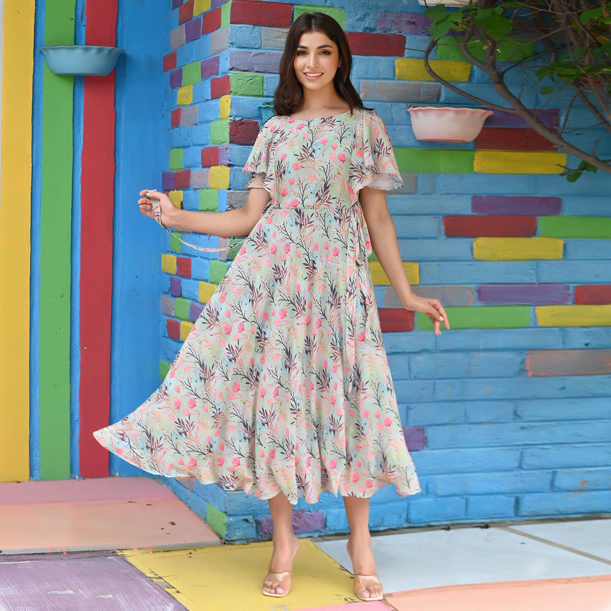 green-floral-printed-georgette-dress