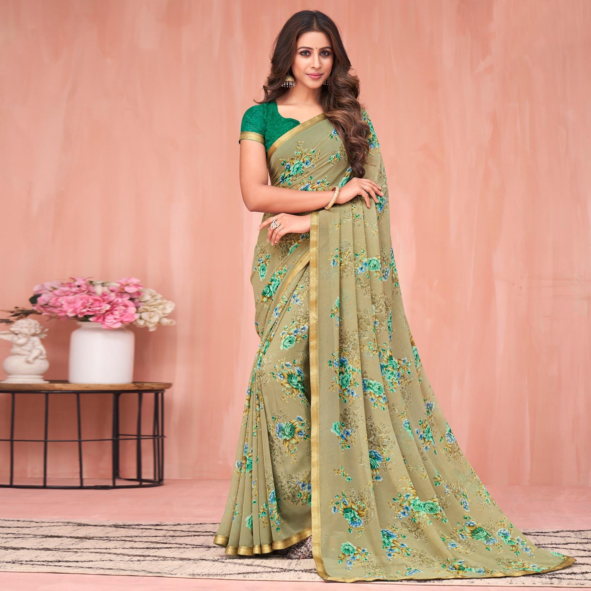 green-floral-printed-georgette-saree-2