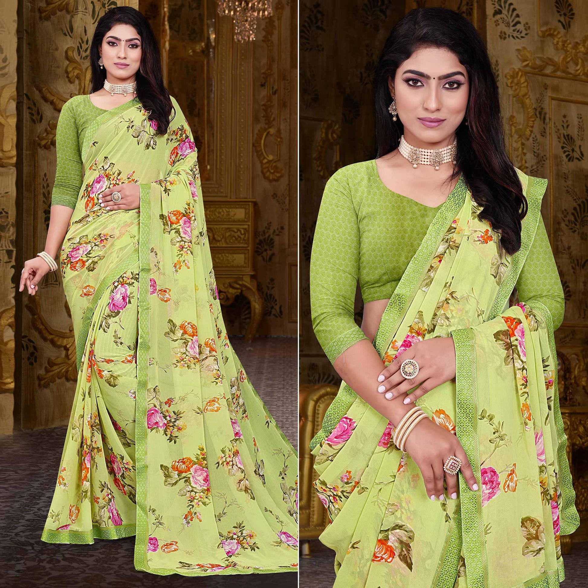 green-floral-printed-georgette-saree