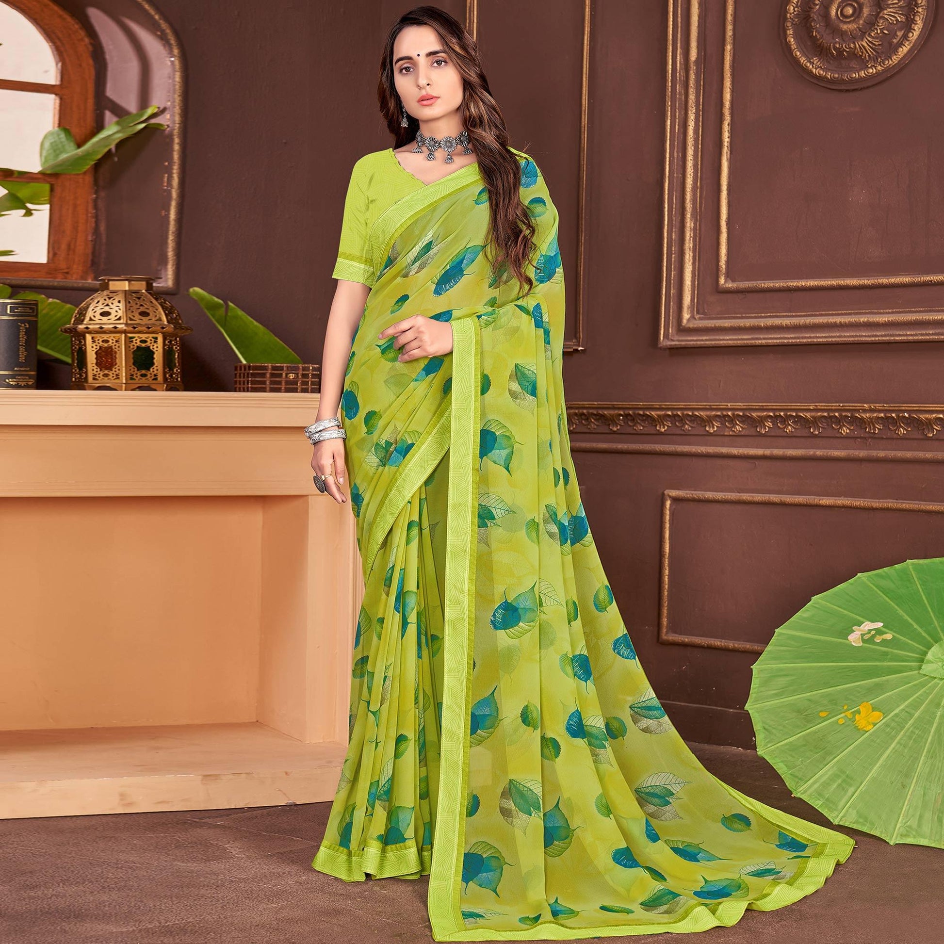 green-floral-printed-georgette-saree-1