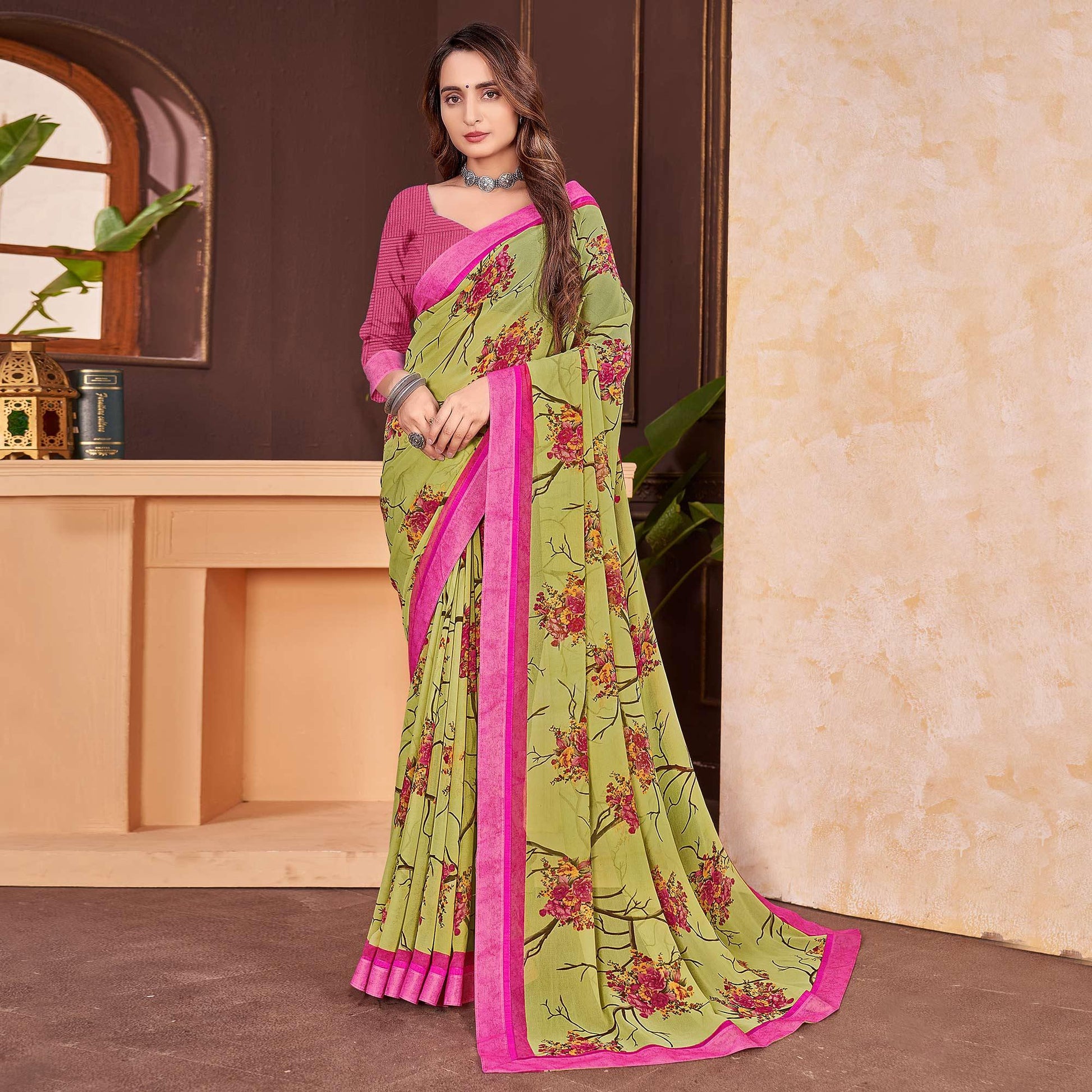green-floral-printed-georgette-saree-3