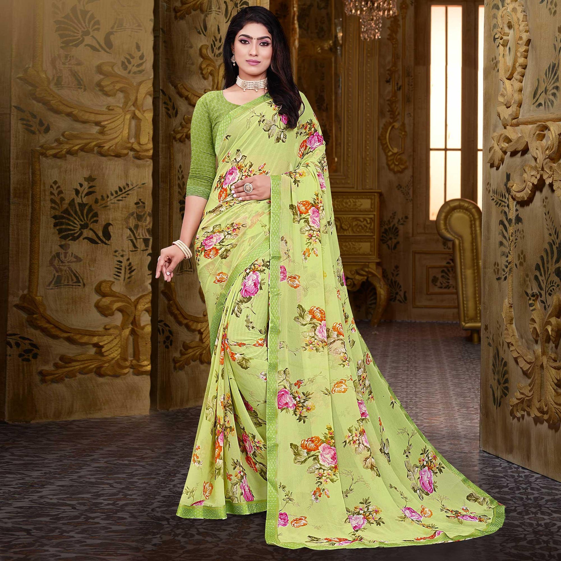 green-floral-printed-georgette-saree
