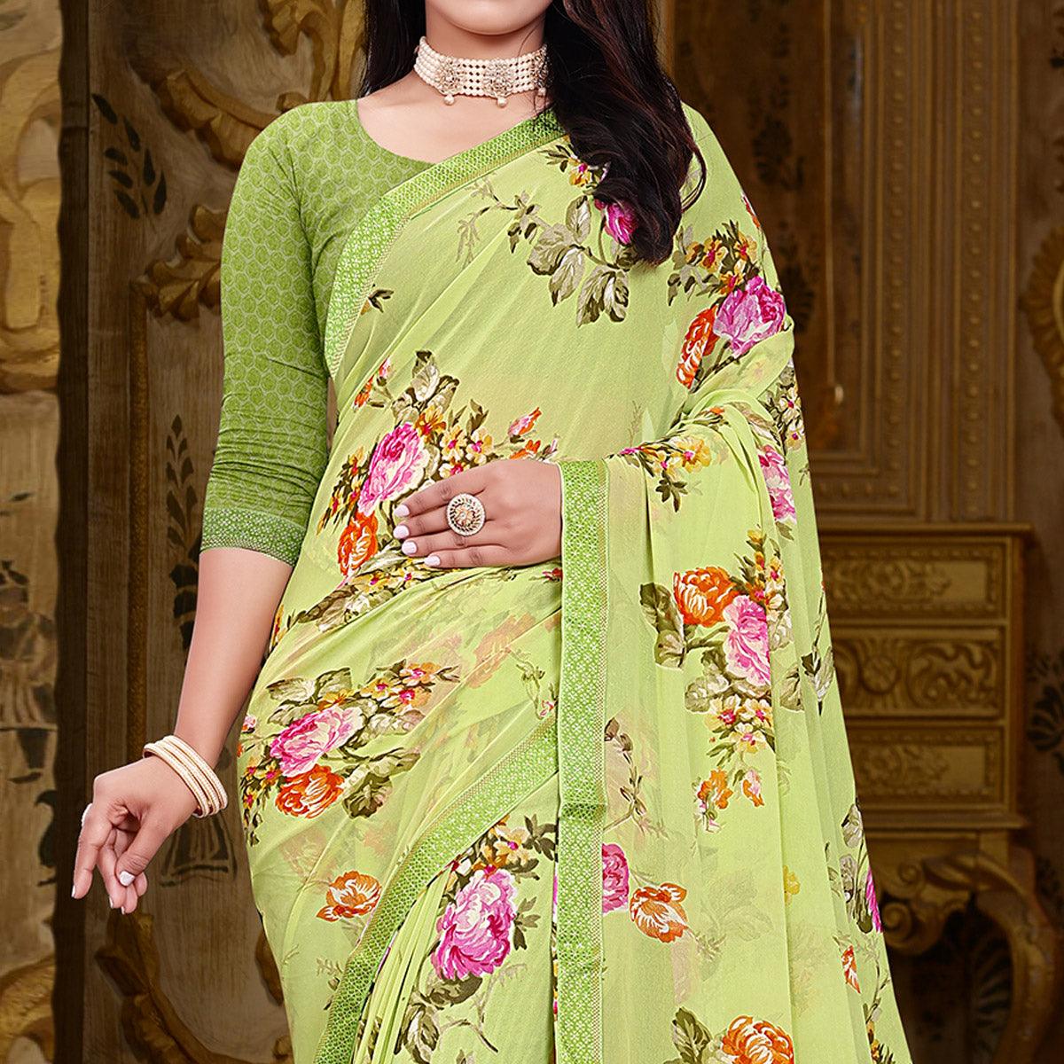 green-floral-printed-georgette-saree