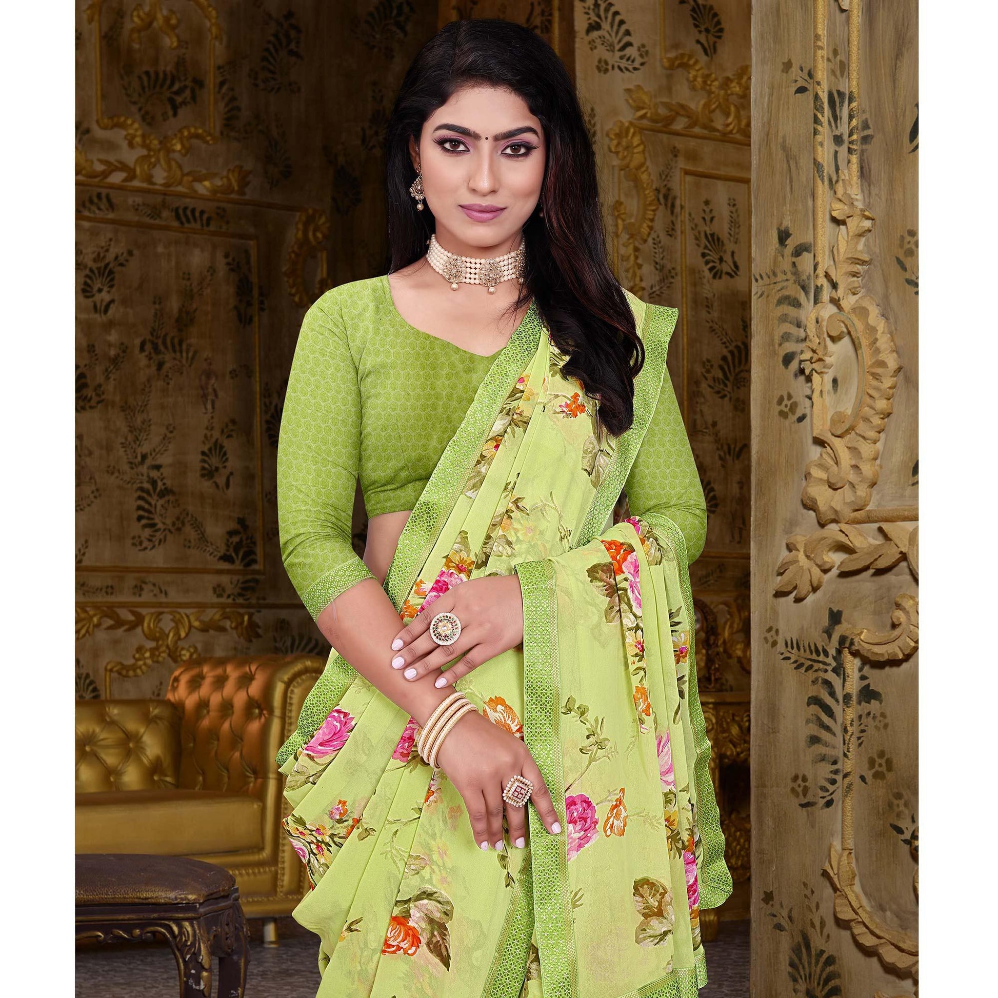 green-floral-printed-georgette-saree