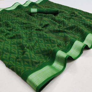 green-floral-printed-linen-saree-145007