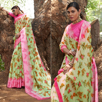 green-floral-printed-linen-saree-145223