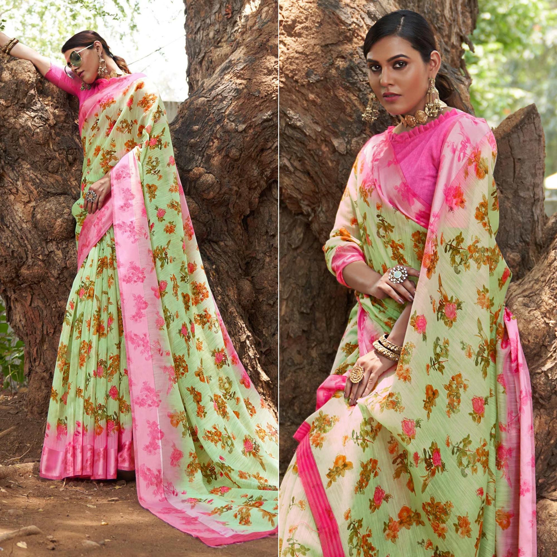 green-floral-printed-linen-saree-145223