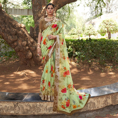 green-floral-printed-linen-saree-145218